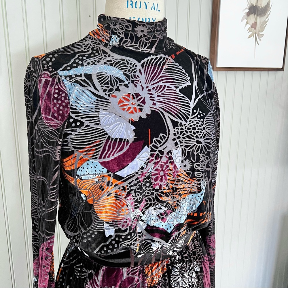 Free People Burnout Velvet Mock Neck Open Back Floral Mini Dress - Picture 2 of 10